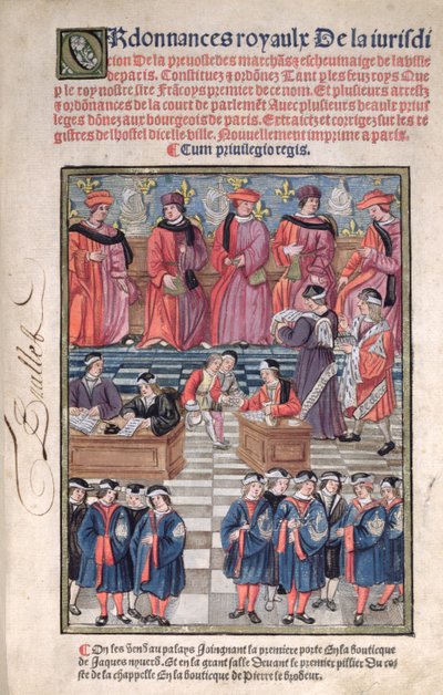 Prévôt des marchands et échevins de Paris, scène de collecte des impôts, page de titre de 